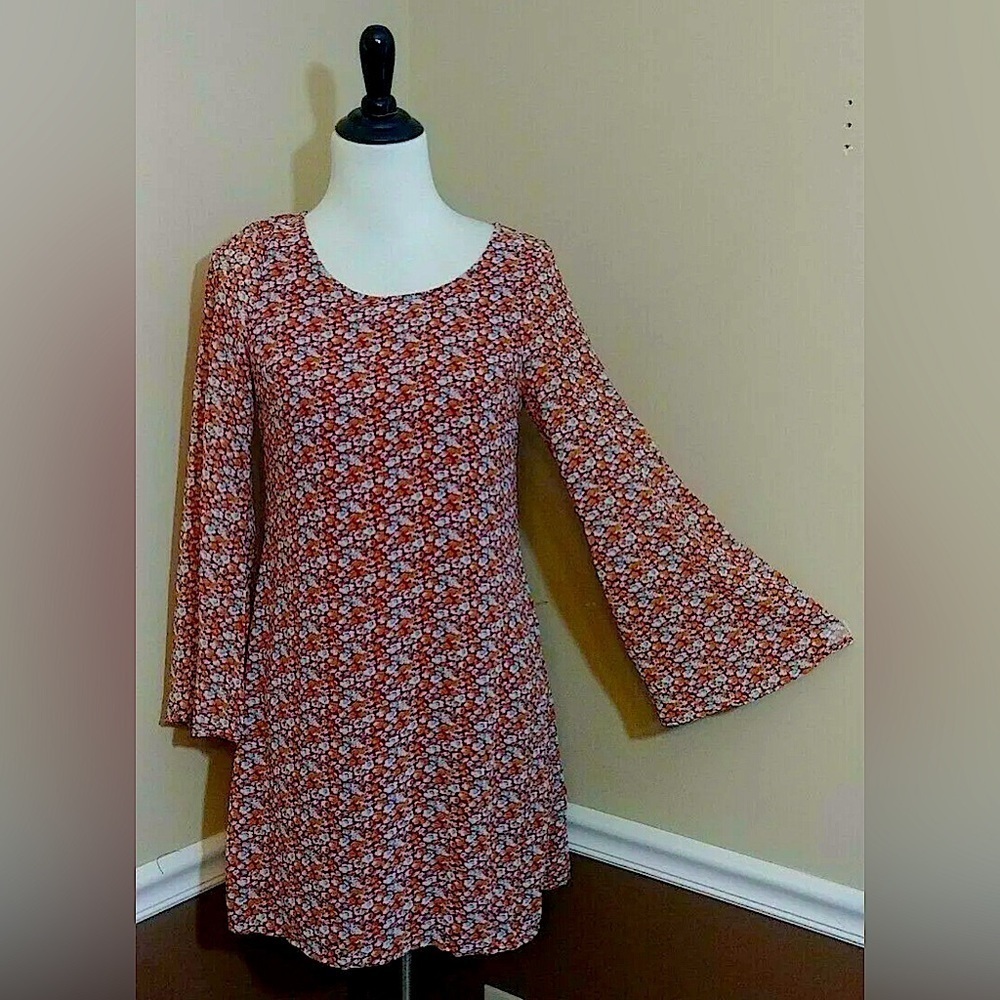 Long Bell Sleeve Boho Burgundy Floral Flowy A-Line Modcloth Dress by Doe & Rae